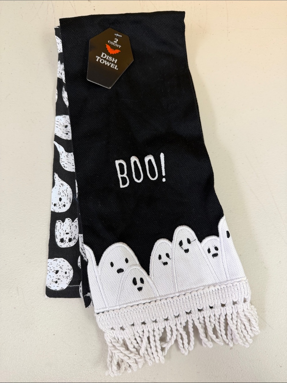 Halloween Ghost 'Boo!' Towels - Black & White 2 pieces kitchen decor embroidered